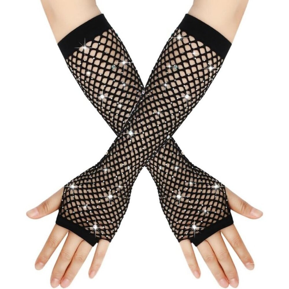 Women's Rhinestones Black Fingerless Fishnet Mesh Long Gloves Party Cosplay